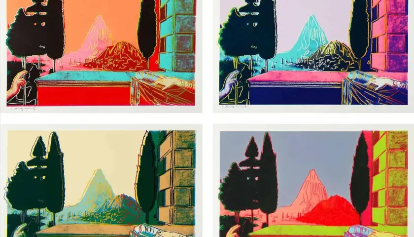 Quatre sérigraphies d'Andy Warhol, représentant un paysage stylisé avec des cyprès, des montagnes et une main tenant un drap, dans des palettes de couleurs vives et contrastées.