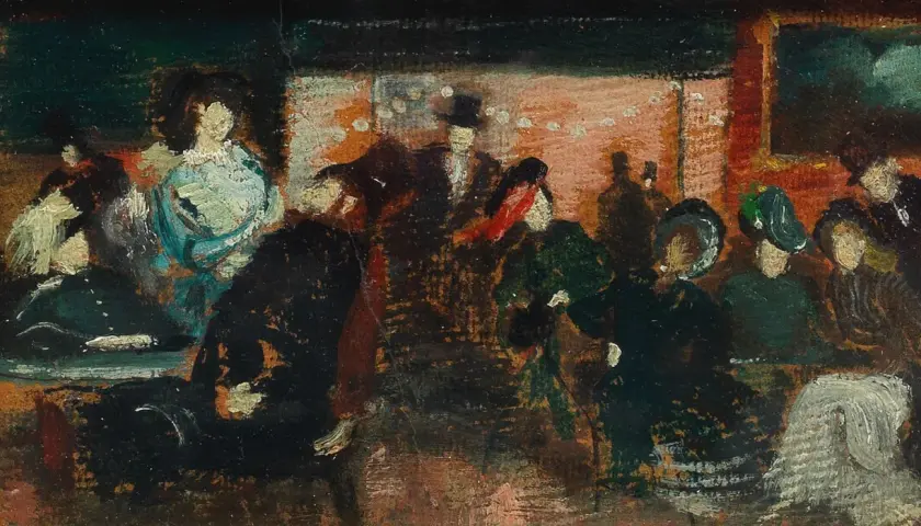 Peinture impressionniste de plusieurs personnes dans un salon, avec des touches de bleu et de rouge.