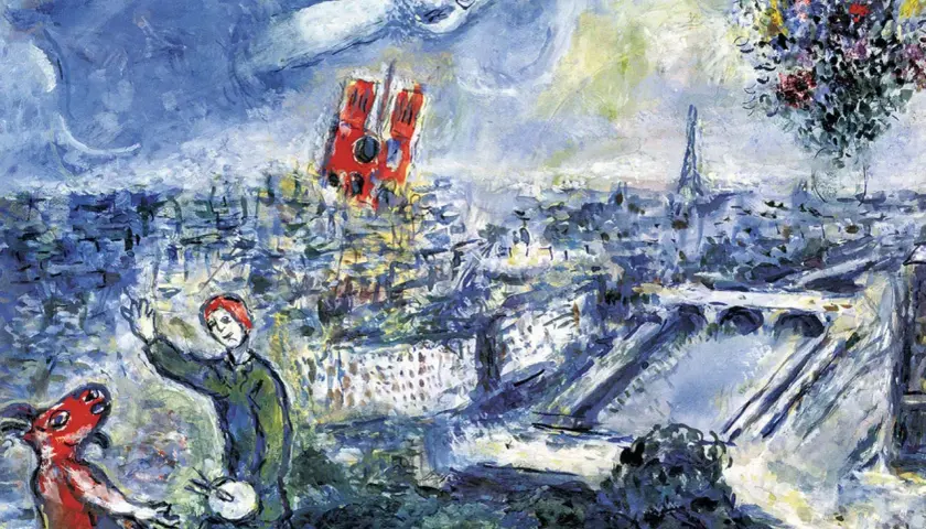 Une peinture de Chagall : Paris vu du ciel, avec Notre-Dame, la Tour Eiffel, un taureau rouge et un personnage flottant.