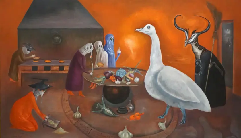 Un grand cygne blanc domine une scène surréaliste où des personnages étranges préparent des légumes. Un peintre surréaliste a créé cette œuvre onirique.
