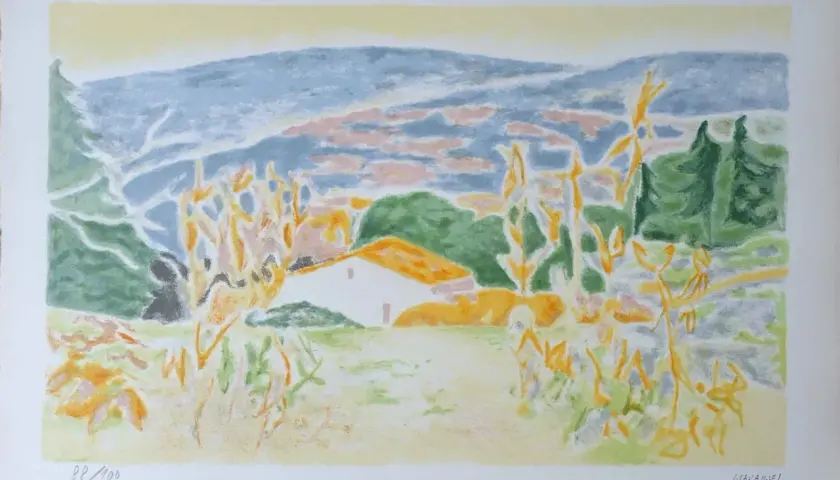 Paysage pastel de Jules Cavaillès avec une maison au toit orange, des collines bleues et des herbes hautes dorées.