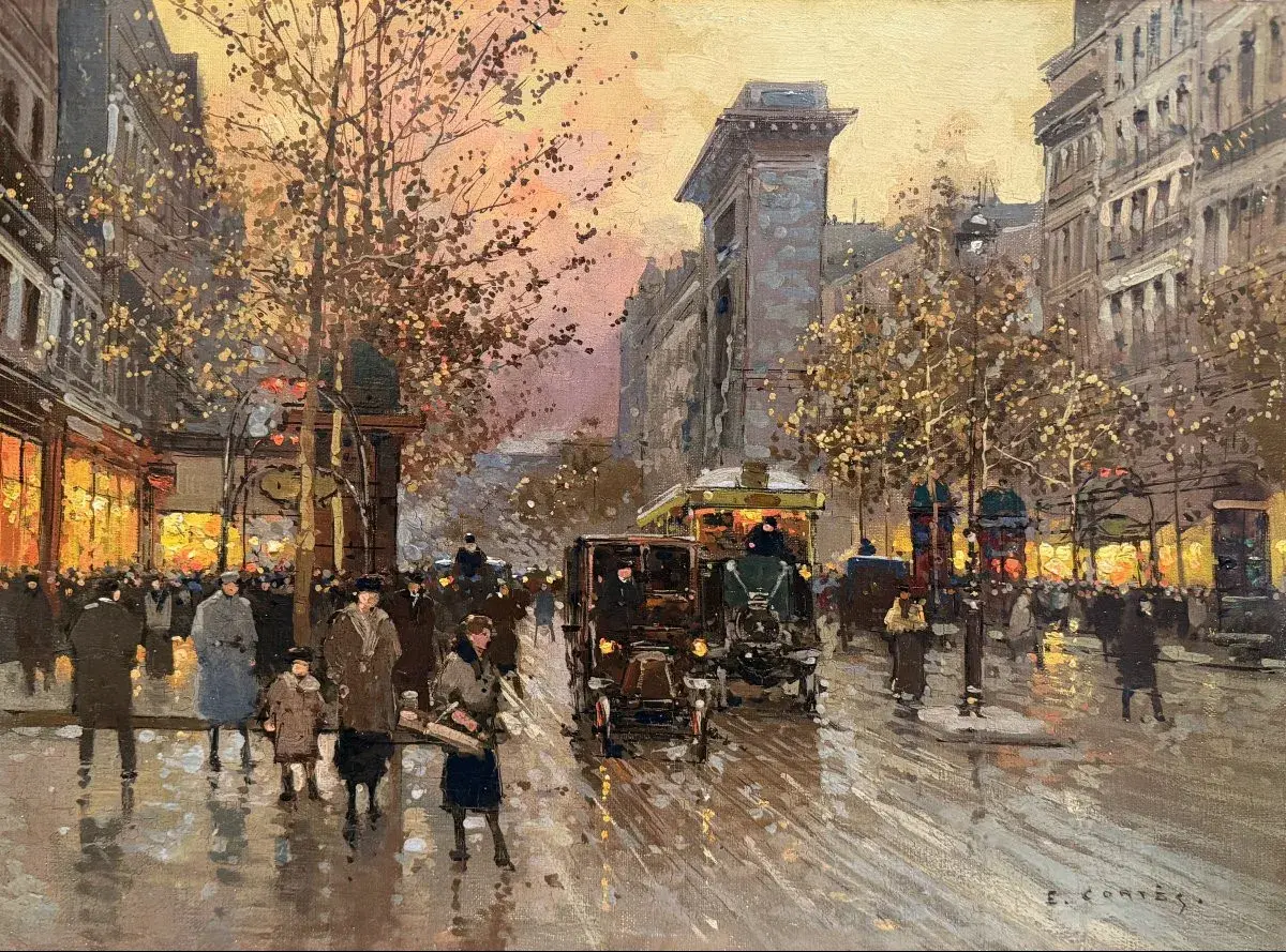 Scène parisienne animée, peinte par Édouard Cortes. Voitures anciennes, tramway et passants sous un ciel crépusculaire.