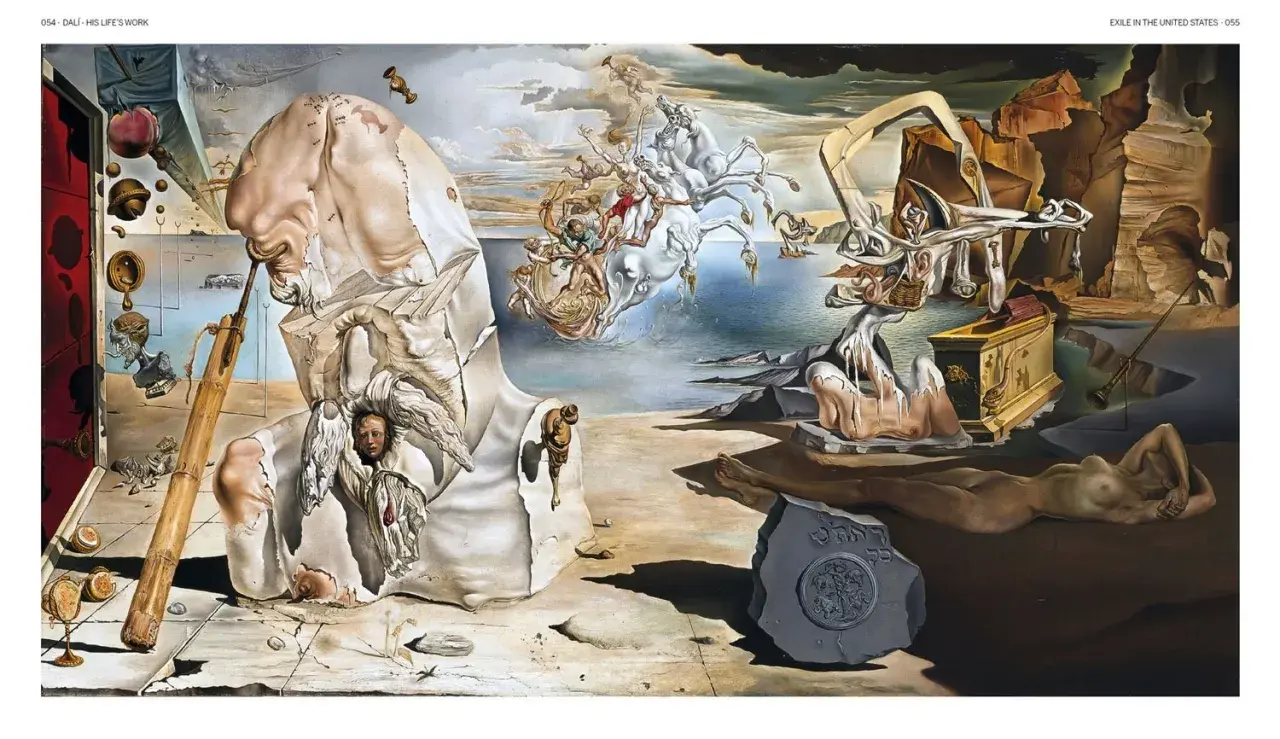 Une scène surréaliste de l'oeuvre Dali, avec des figures déformées, des objets flottants et un paysage onirique.