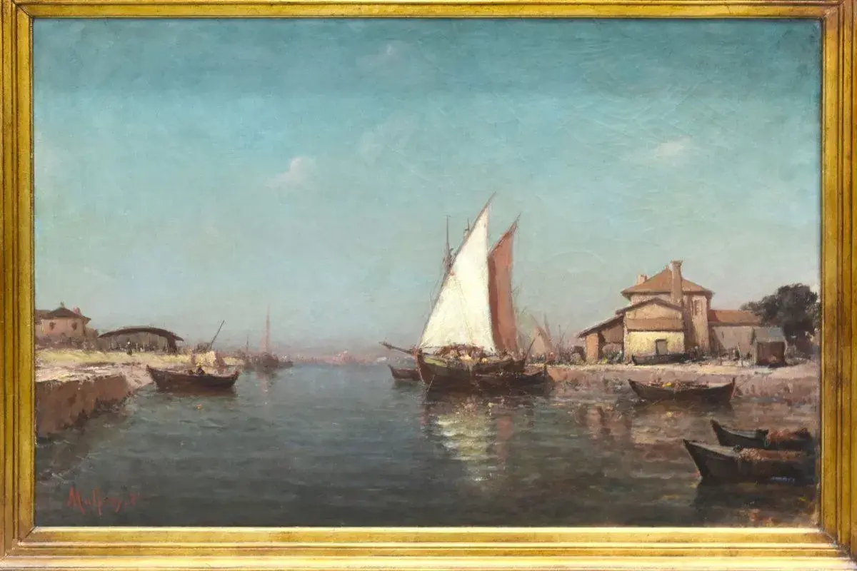 Un port paisible baigné de soleil, avec des voiliers et des maisons côtières. Une œuvre de Malfroy, peintre de talent.