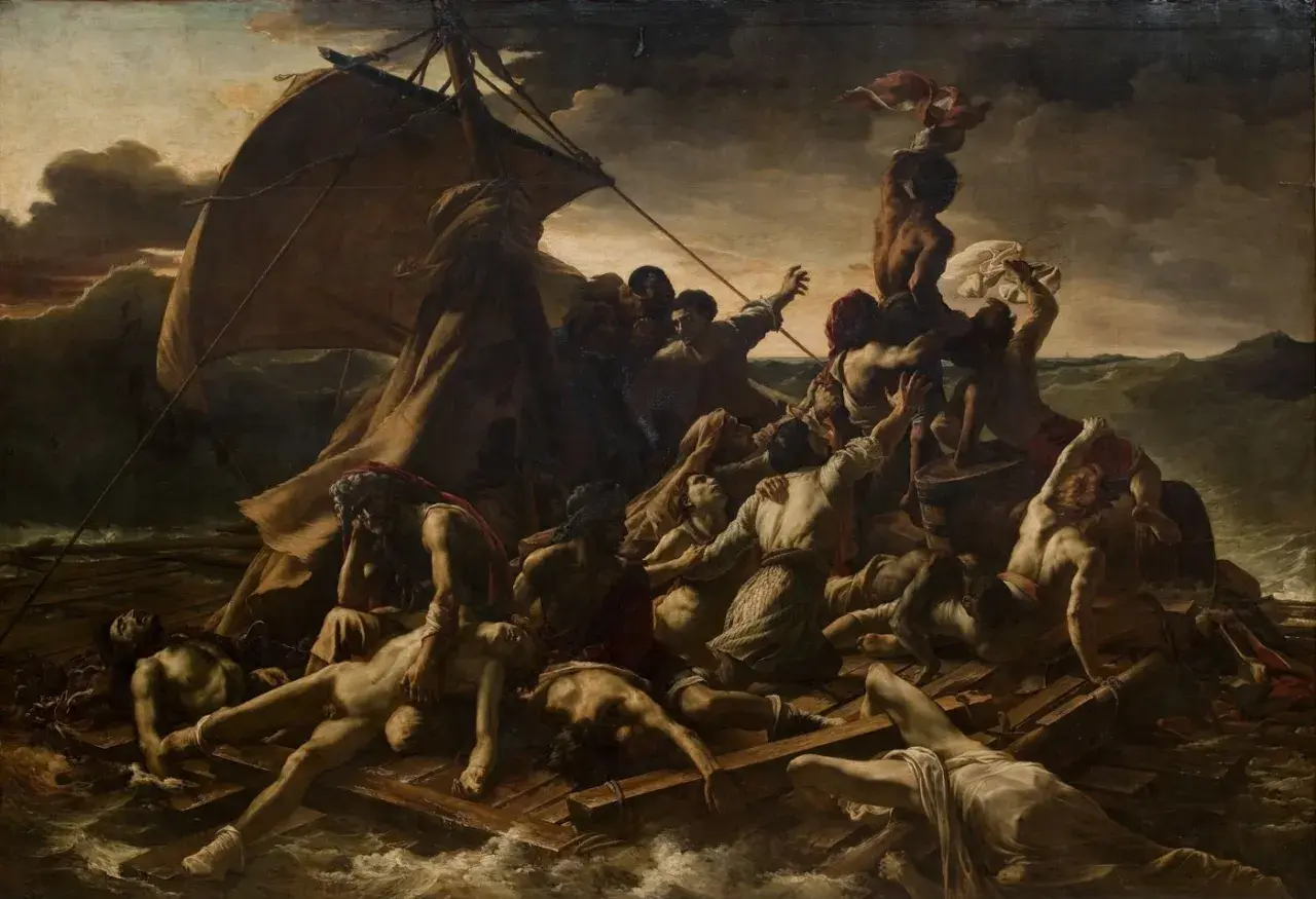 Une peinture romantique dépeignant des survivants désespérés sur un radeau en pleine tempête. La lutte pour la vie et le désespoir sont palpables.