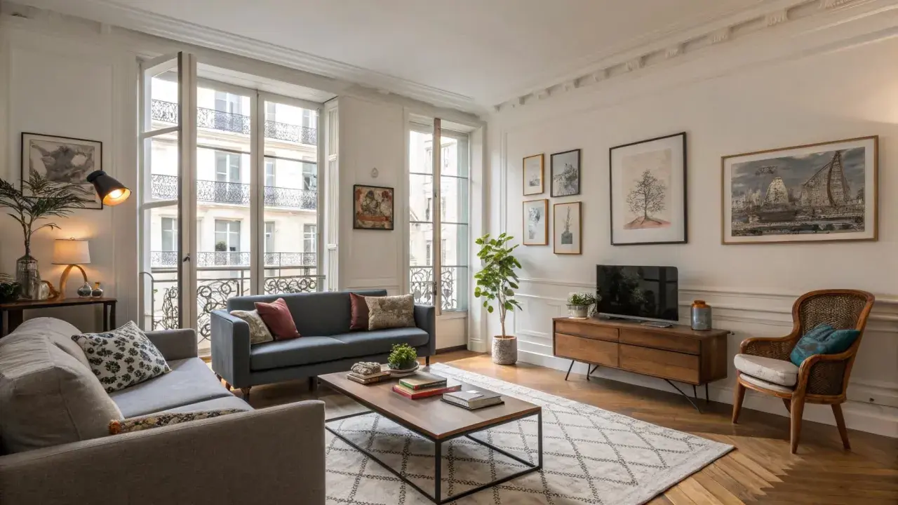 Un salon parisien avec un **mixer moderne et ancien** : canapés confortables, parquet, grandes fenêtres et décoration murale éclectique.