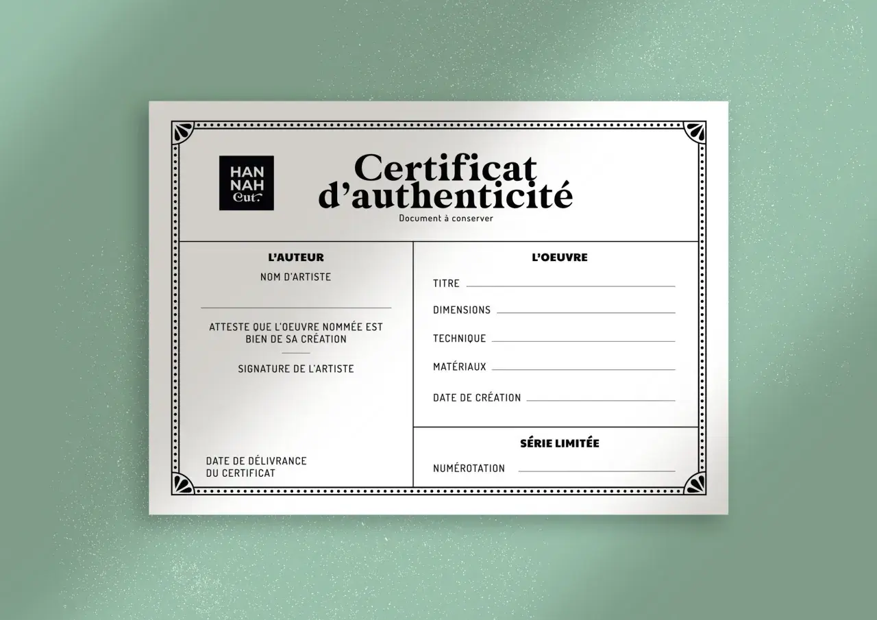 Certificat d'authenticité tableau, attestant de la création originale d'une œuvre d'art. Il détaille l'auteur, l'œuvre, ses caractéristiques et sa numérotation.