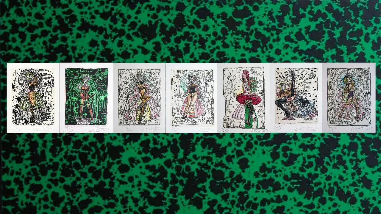 Série d'illustrations colorées de figures féminines stylisées, dans le style de cote robert combas, sur fond vert moucheté.