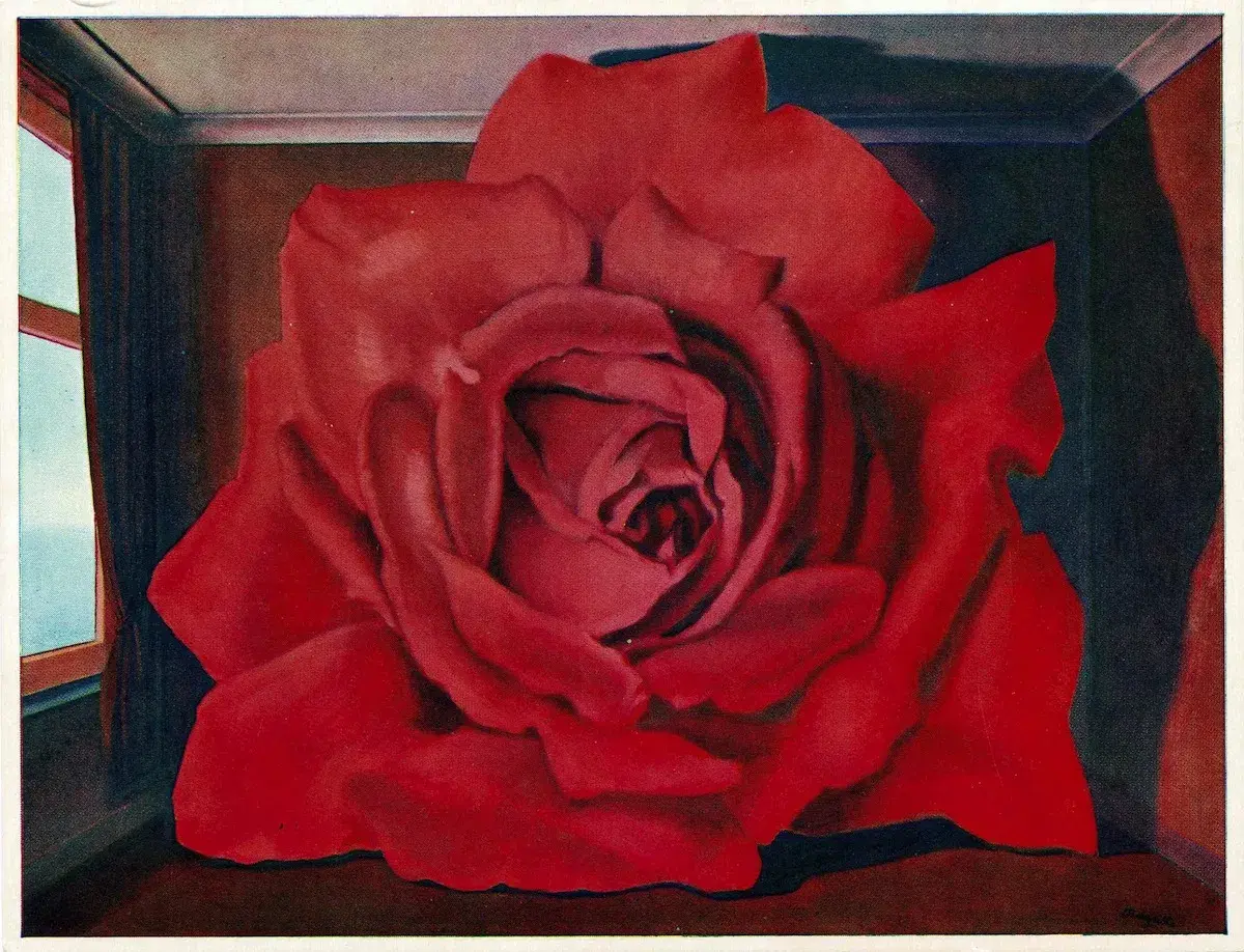 Un tableau de Magritte : une rose rouge immense remplit une pièce, une fenêtre ouverte sur un ciel bleu.