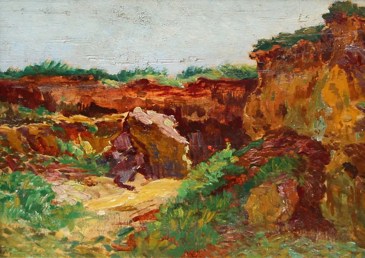 Paysage rocheux aux couleurs chaudes, évoquant une œuvre de Léo Gausson. La lumière joue sur les ocres et les verts.