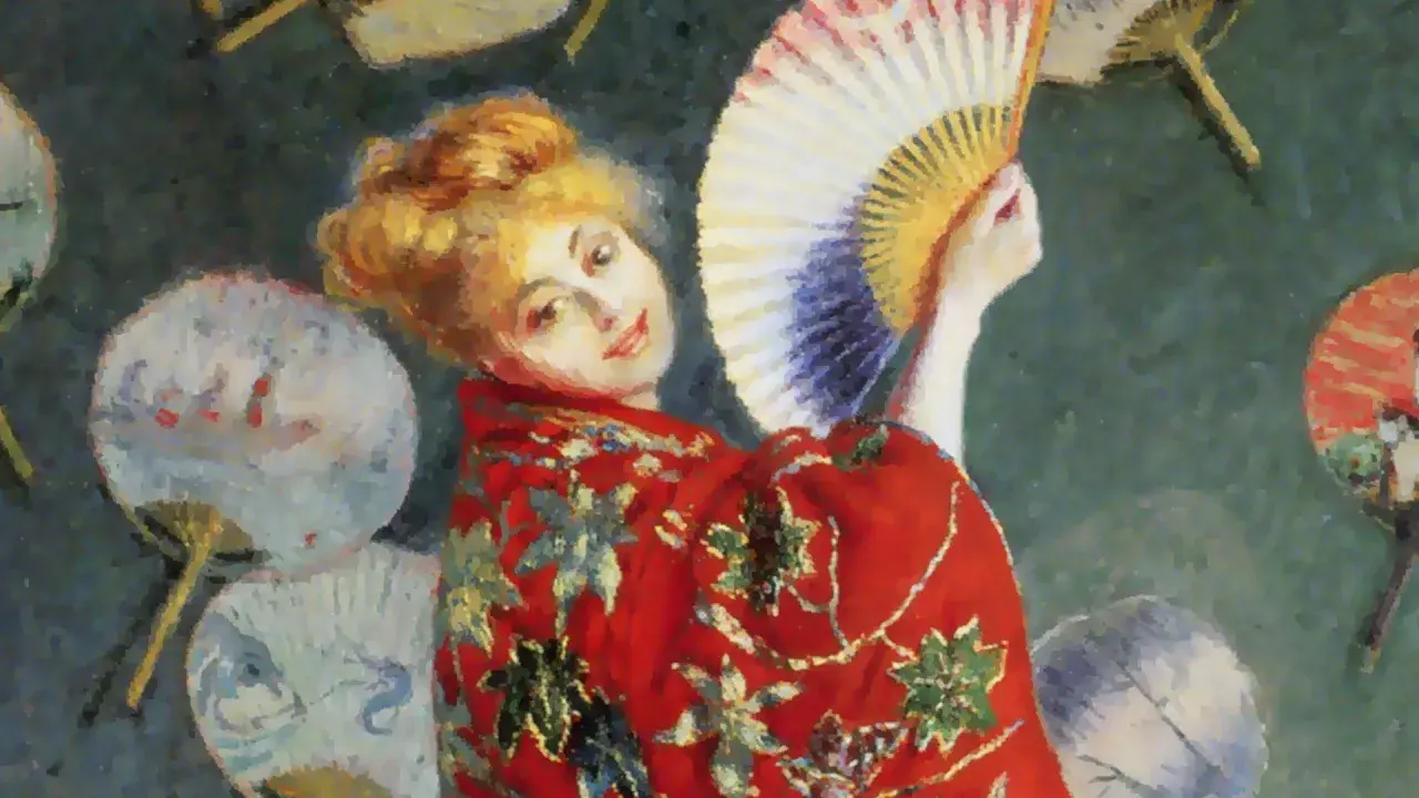 Tableau de Monet : une femme au kimono rouge, tenant un éventail coloré, entourée d'autres éventails.