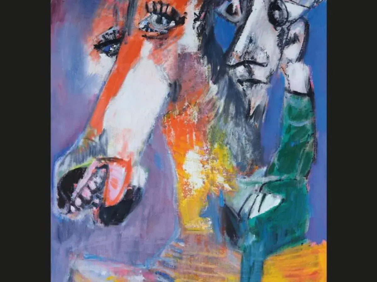 Portrait expressif d'un cheval et d'un homme, dans le style de Bernard Lorjou, aux couleurs vives et aux formes audacieuses.