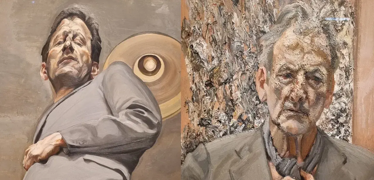 Deux portraits saisissants de Lucian Freud, peintre, révèlent l'intensité de son regard et la texture de sa peau.
