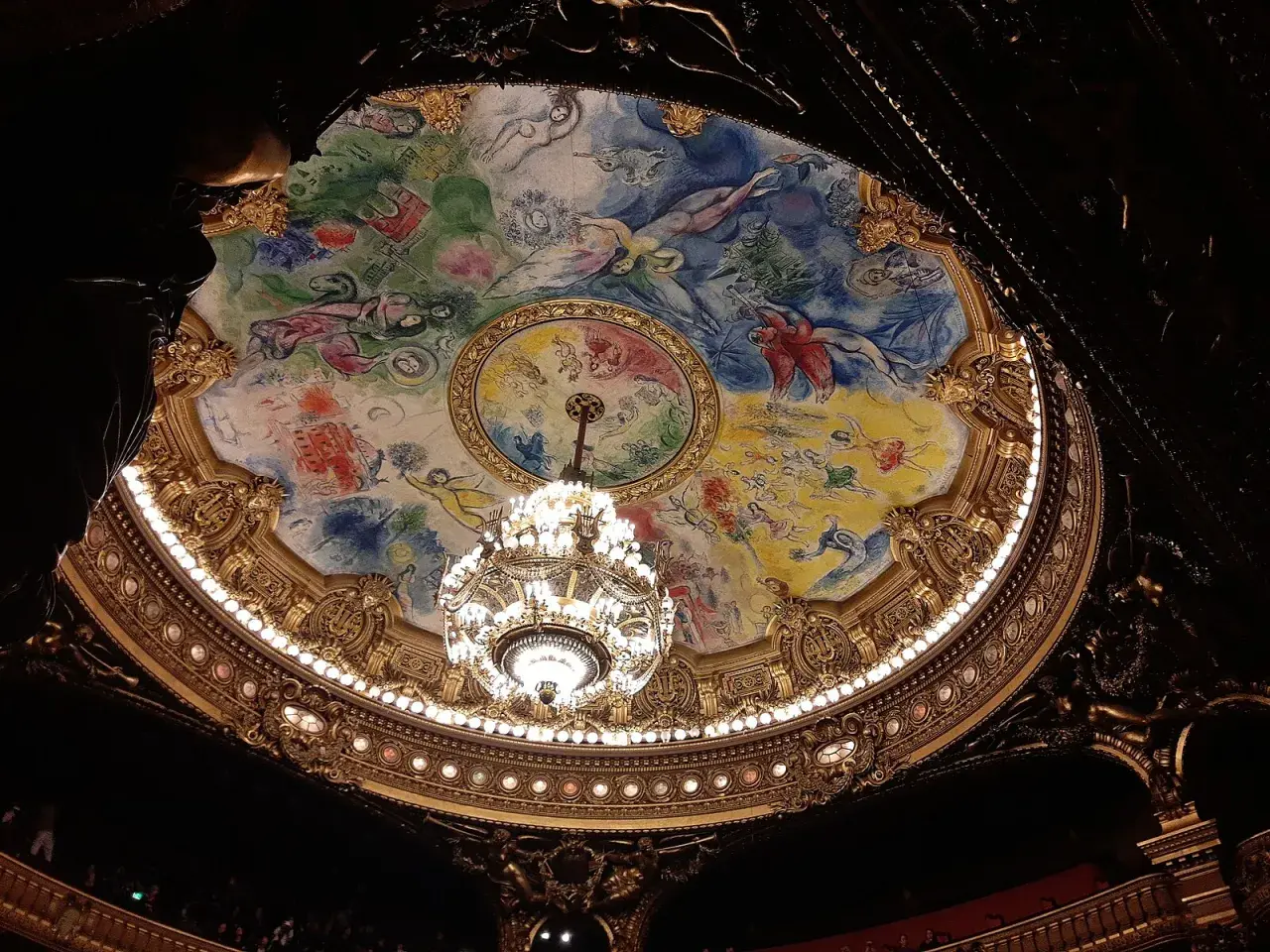 Le plafond de l'Opéra Garnier, orné des œuvres d'art de Marc Chagall, est illuminé par un lustre majestueux.