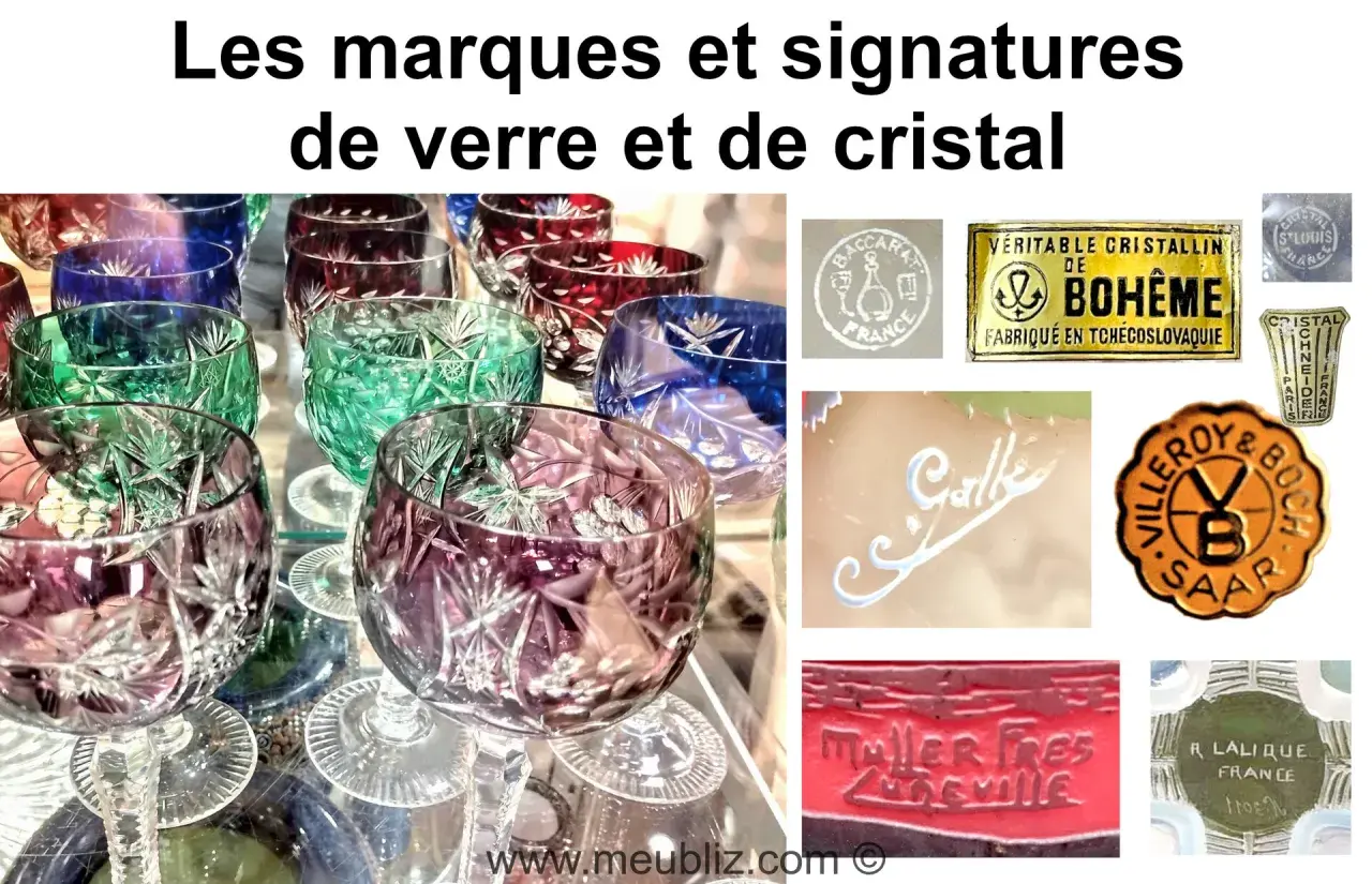 Verre coloré et signatures de cristalleries, dont une signature Gallé.
