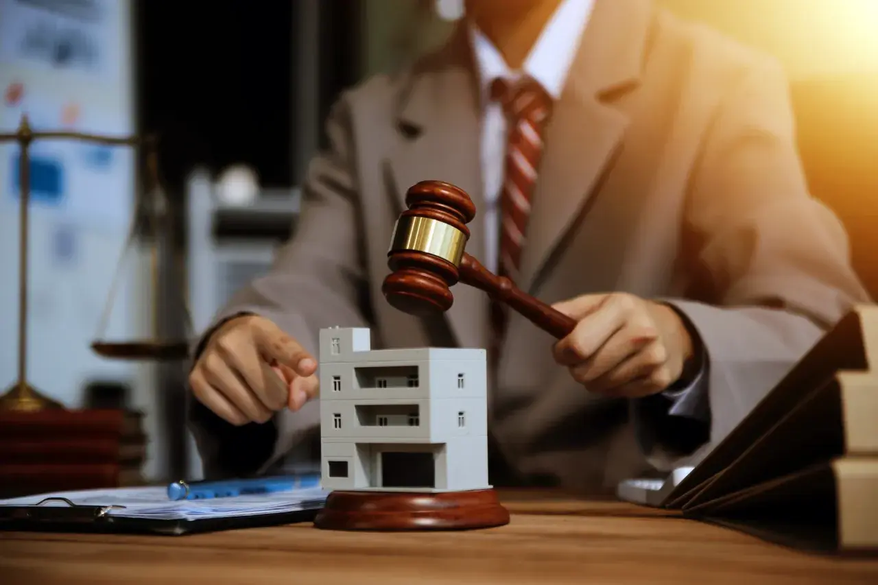 Un juge frappe avec son maillet sur une maquette de bâtiment, symbolisant une vente aux enchères immobilière.