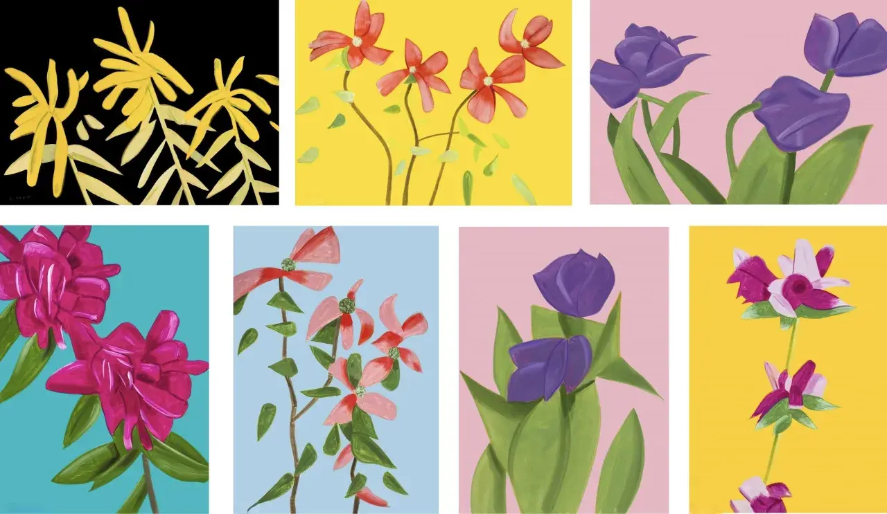 Des fleurs stylisées dans le style de Alex Katz : jaunes sur fond noir, rouges sur fond jaune, violettes sur fond rose, roses sur fond bleu sarcelle, et roses et blanches sur fond jaune.