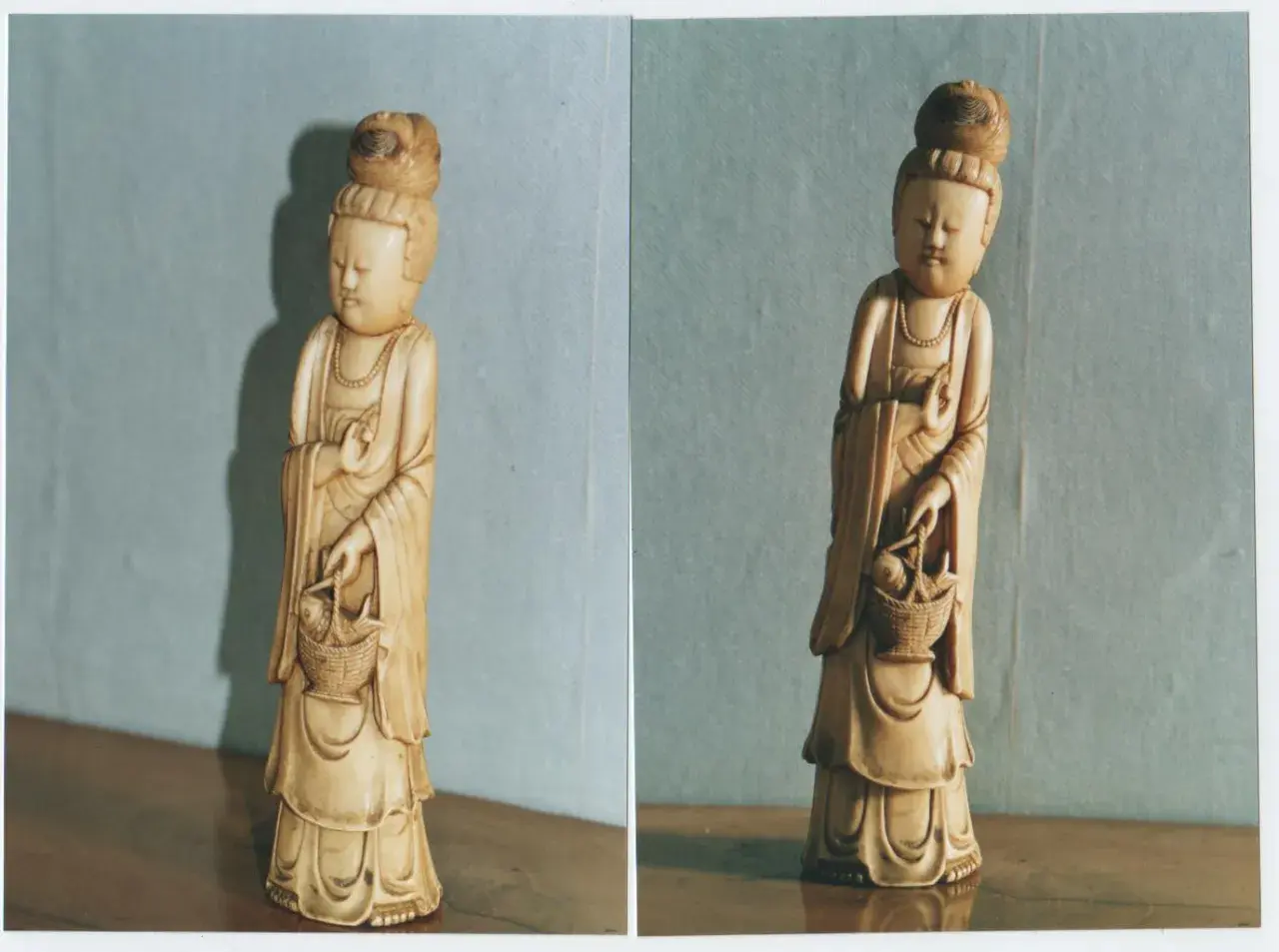 Deux statuettes en ivoire, représentant une femme tenant un panier de poissons. La finesse de la statuette ivoire est remarquable.