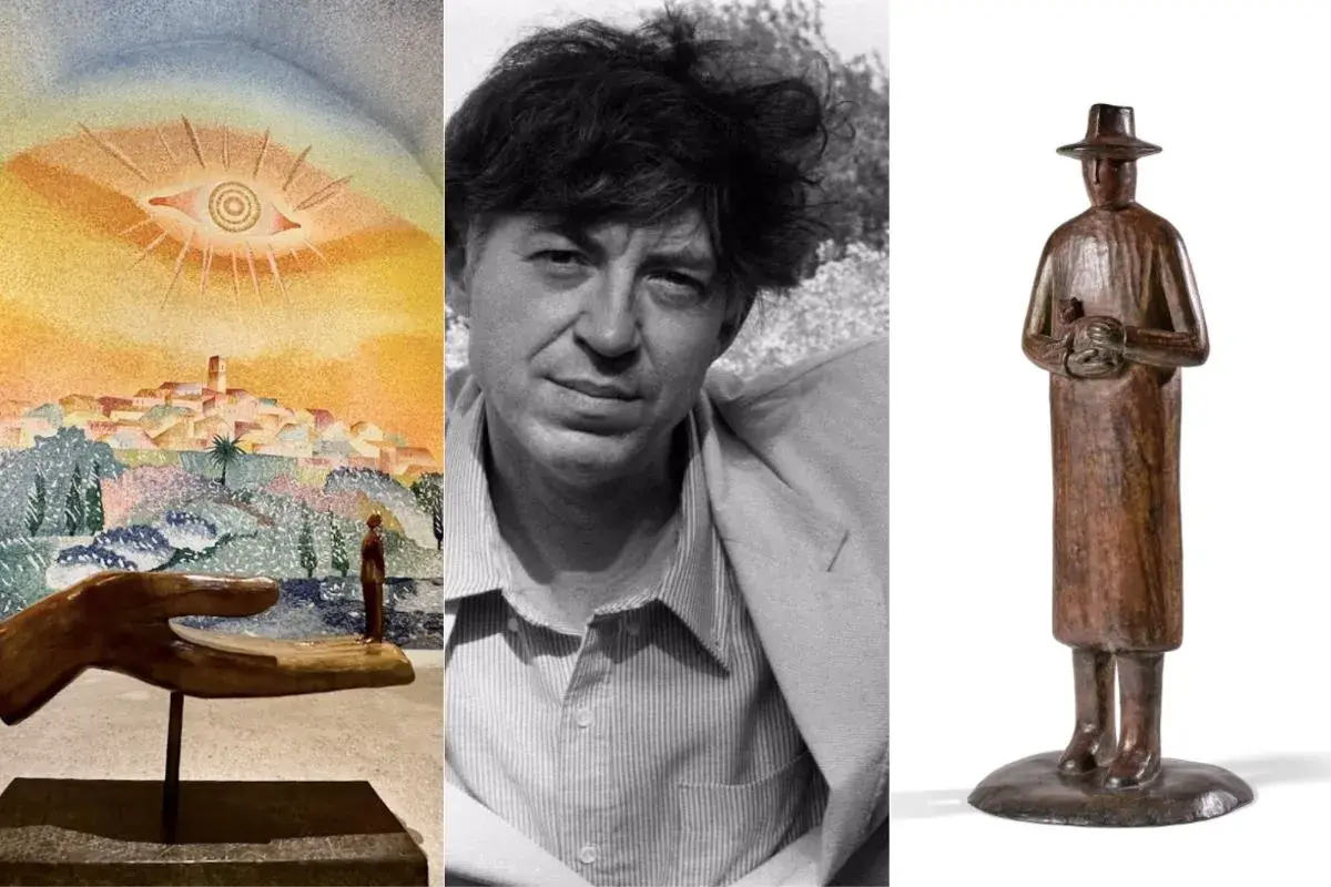 Trois éléments des œuvres d'art de Jean-Michel Folon : un paysage onirique, le portrait de l'artiste, et une sculpture d'un homme au chapeau.