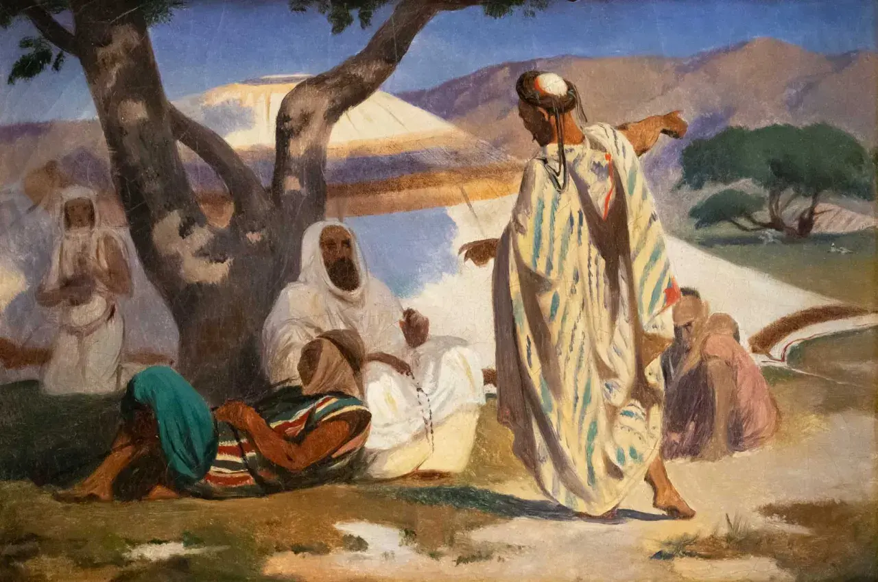Scène orientale peinte par Prosper Marilhat. Des personnages en habits traditionnels discutent sous un arbre, dans un paysage désertique.