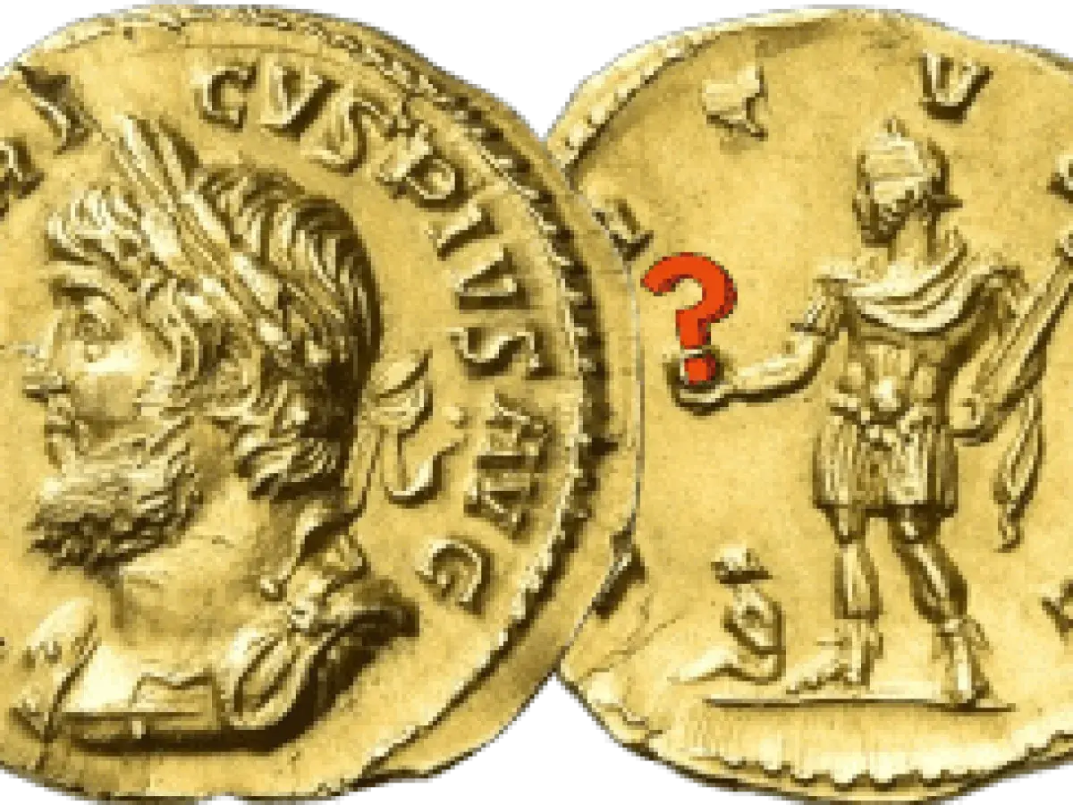 Deux pièces d'or antiques, l'une avec un profil impérial, l'autre avec une figure debout et un point d'interrogation rouge. Un meuble boule ?