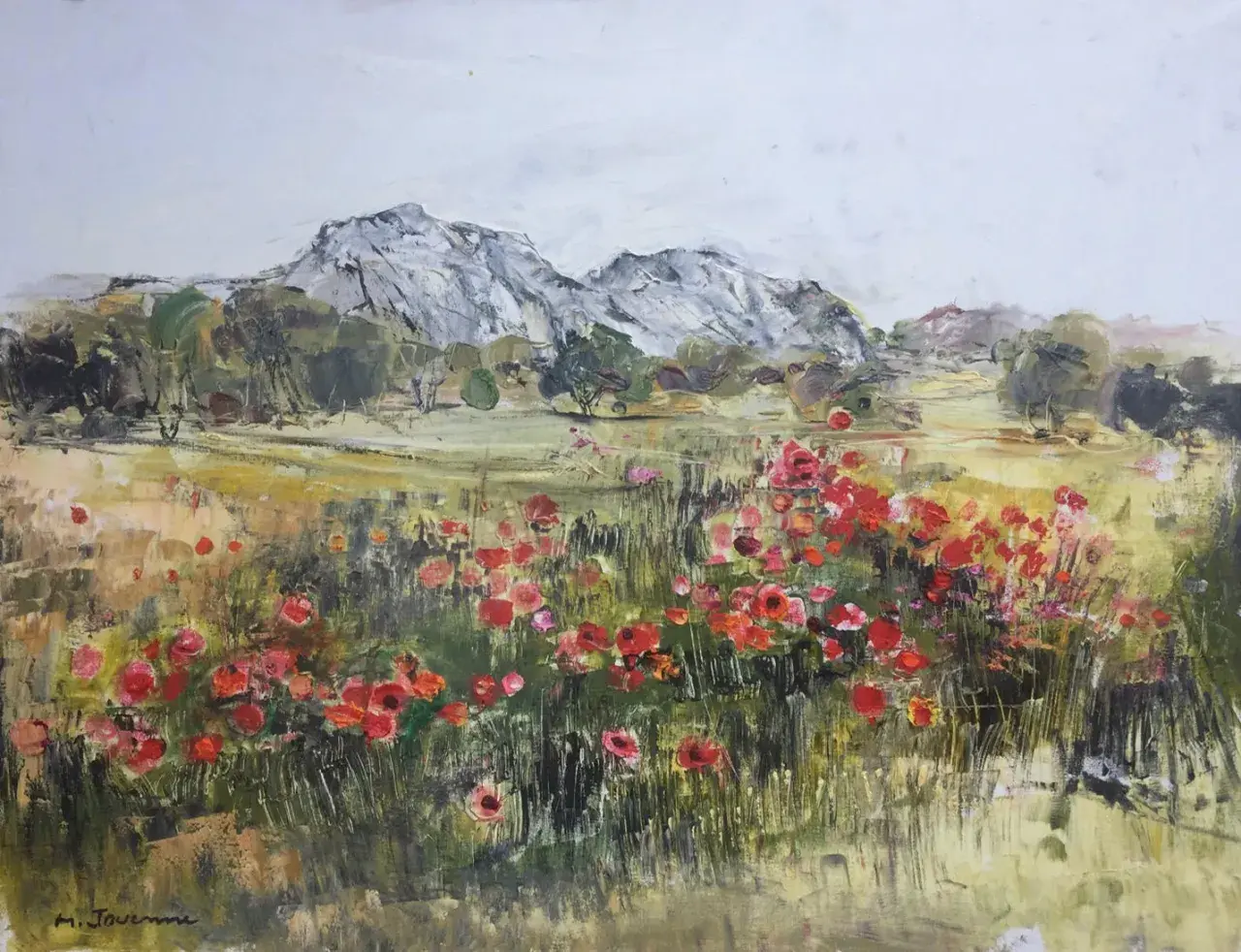 Champ de coquelicots éclatants sous un ciel gris, avec des montagnes rocheuses en arrière-plan. Une œuvre de Michel Jouenne.