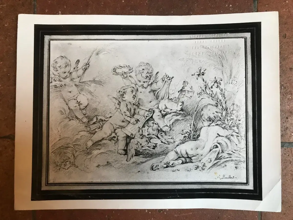 Esquisse de putti jouant, avec la signature du peintre Boucher.
