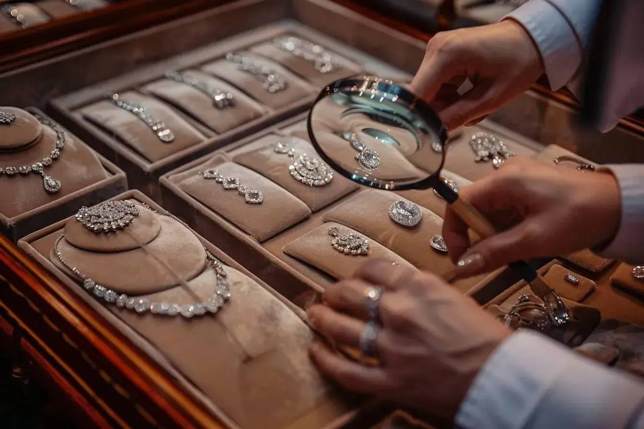 Un expert en pierre précieuse examine des colliers et pendentifs en diamants dans une vitrine.