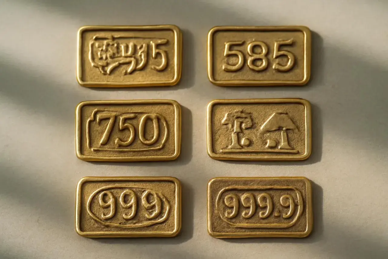Six plaquettes dorées gravées de chiffres et symboles, dont un poinçon or 14 carats.