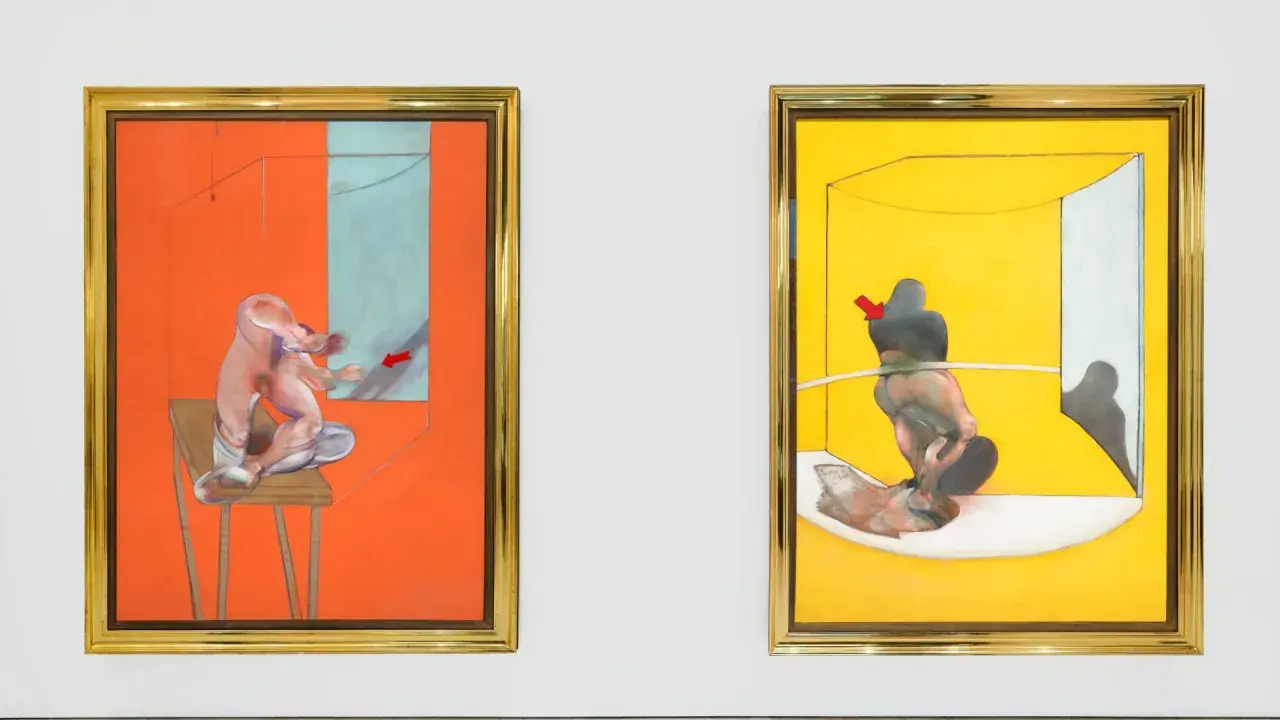 Deux œuvres d'art de Francis Bacon. Figures humaines déformées dans des cages colorées, sur fond orange et jaune vif.
