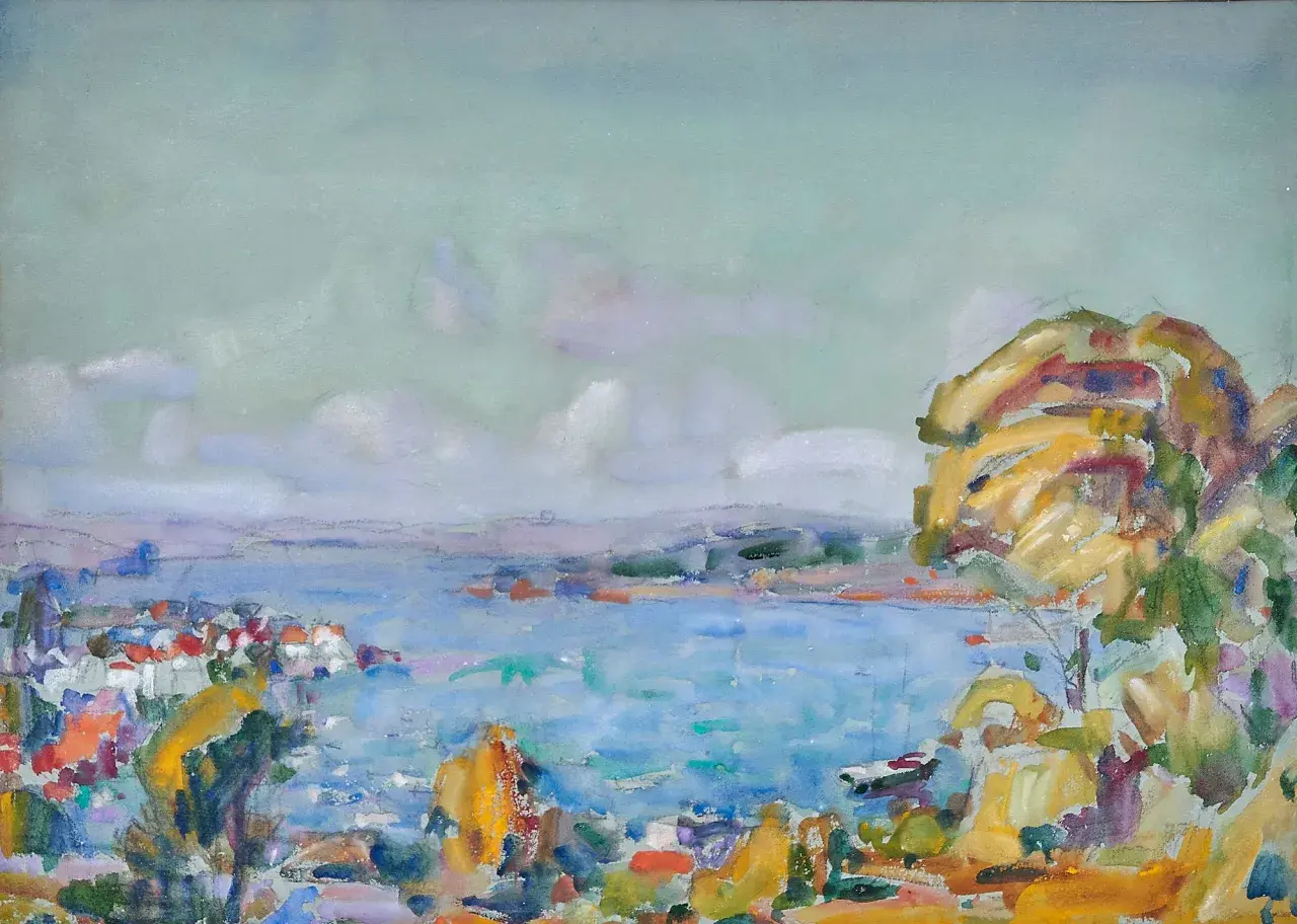 Peinture impressionniste d'une baie avec des maisons colorées et des rochers.