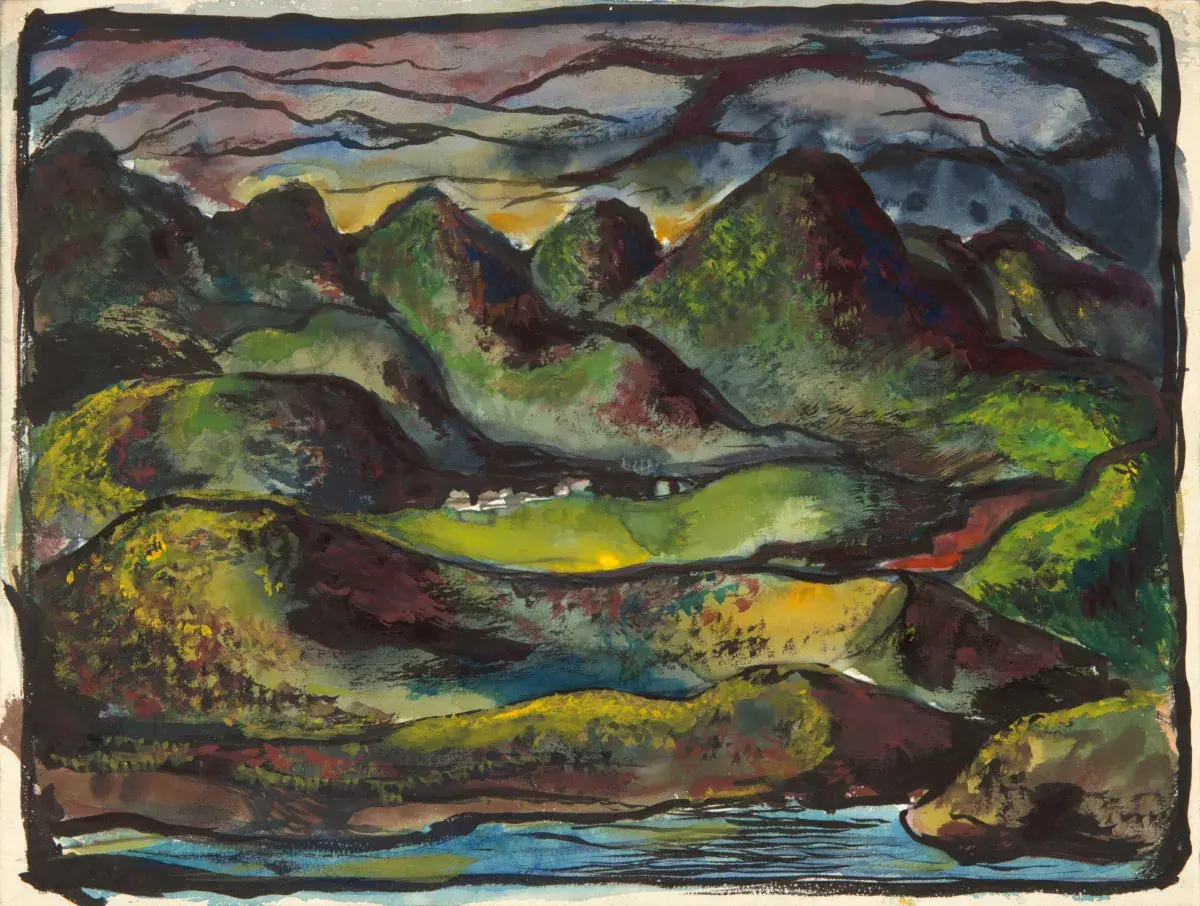 Paysage aux collines verdoyantes et sombres, sous un ciel orageux. Une touche de Richard Diebenkorn dans cette œuvre expressive.