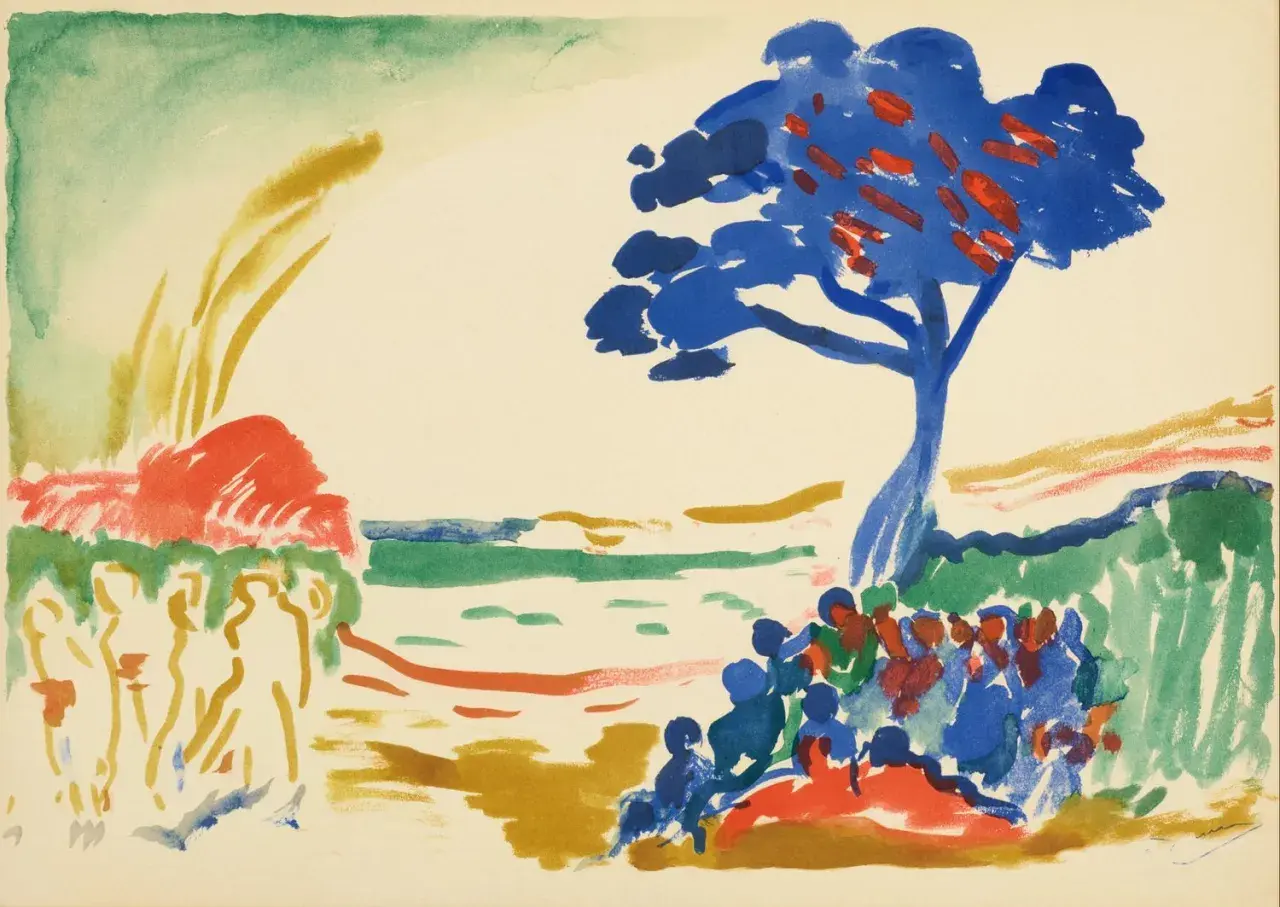 Scène estivale en **raoul dufy aquarelle**. Un arbre bleu domine, des silhouettes se rassemblent sous son feuillage rougeoyant.