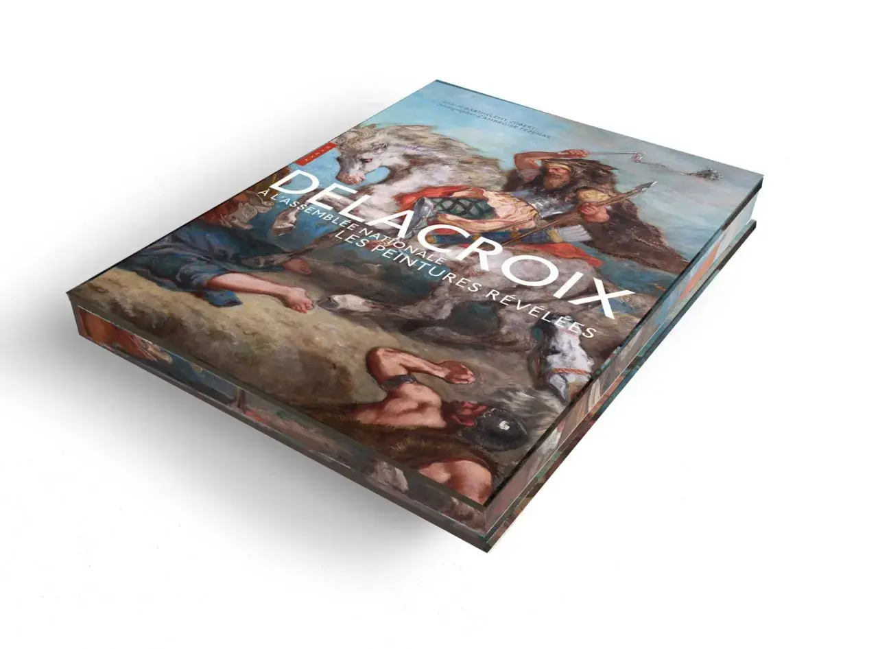 Livre "Delacroix à l'Assemblée Nationale : Les Peintures Révélées", présentant des œuvres d'art de Eugène Delacroix, avec une scène de bataille animée sur la couverture.