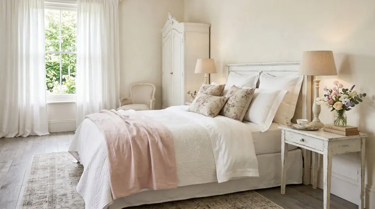 Chambre douillette au style shabby chic, avec un lit blanc, des coussins fleuris, une armoire ancienne et des rideaux légers.