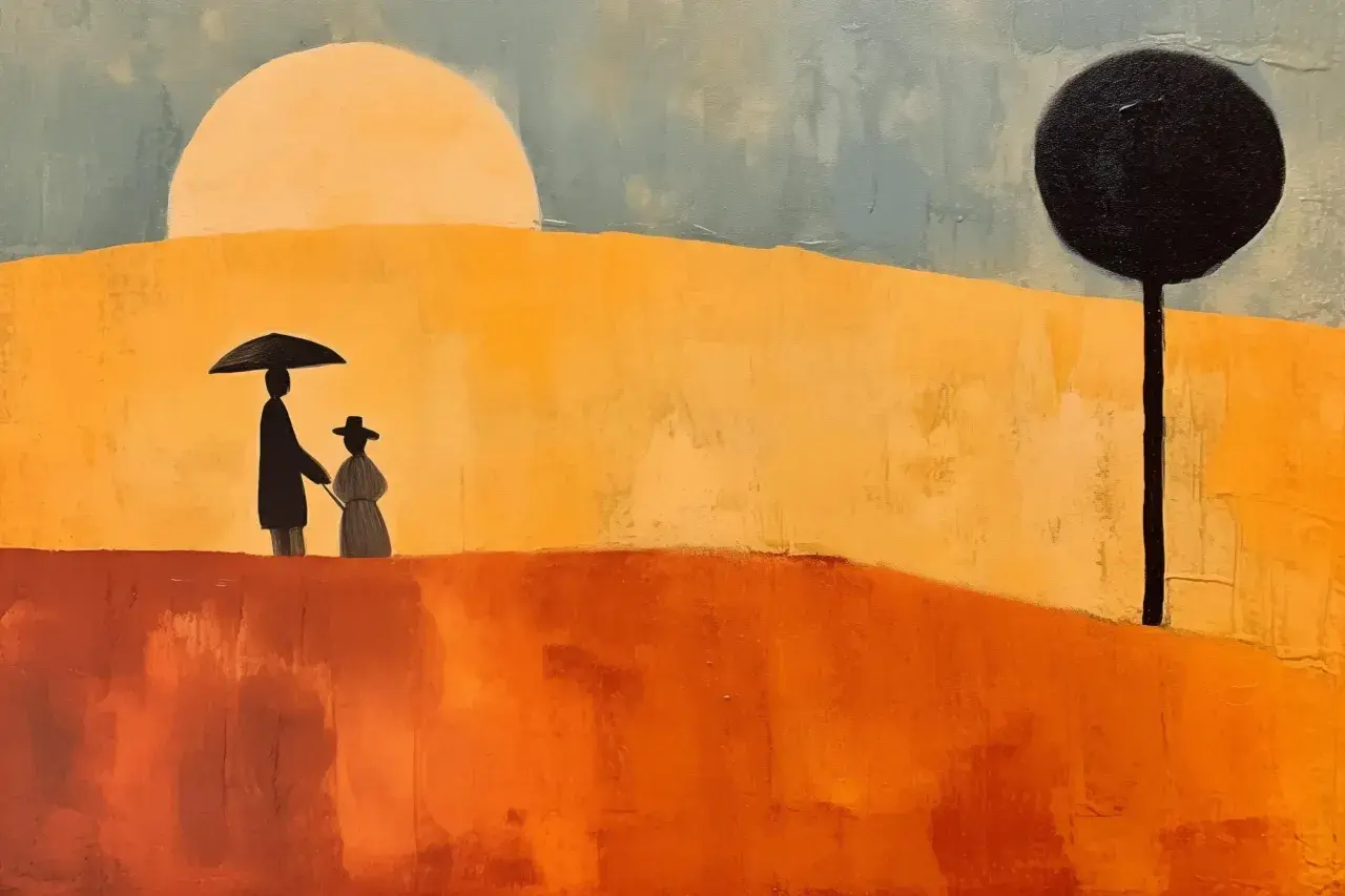 Deux silhouettes sous un parapluie, dans un paysage abstrait aux couleurs chaudes, évoquant l'univers de Milton Avery.