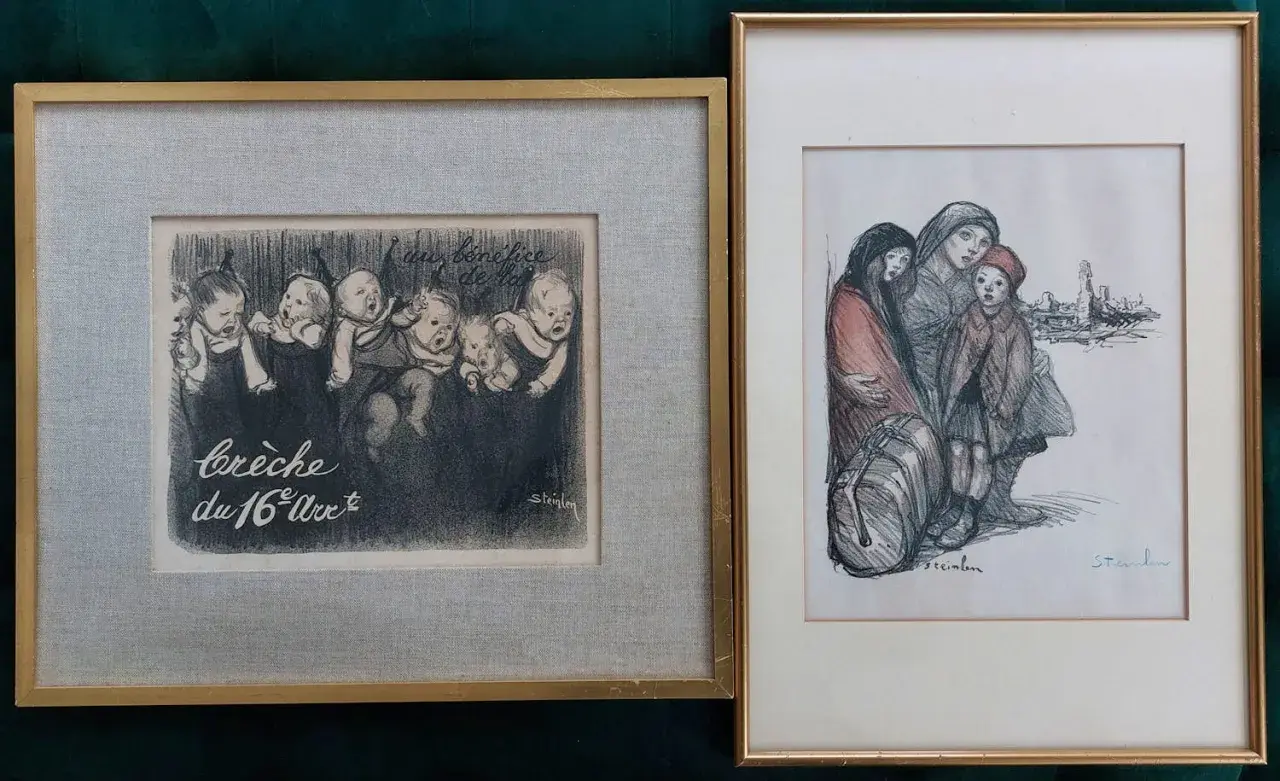 Deux œuvres de Steinlen : une crèche animée de bébés et une famille en détresse devant un paysage urbain.