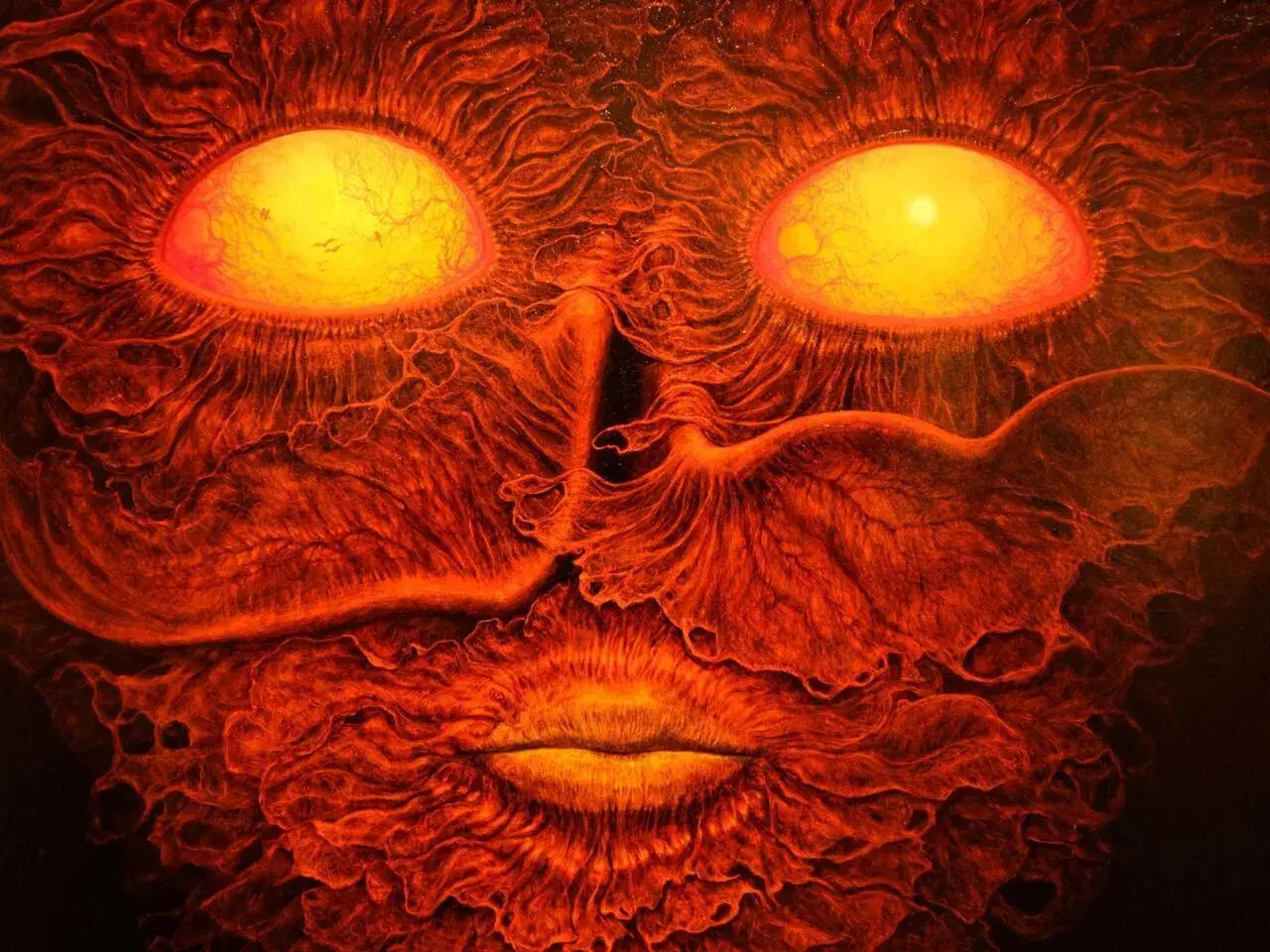 Œuvres d'art de Zdzisław Beksiński : un visage tourmenté aux yeux ardents, sculpté dans des textures organiques rougeoyantes.