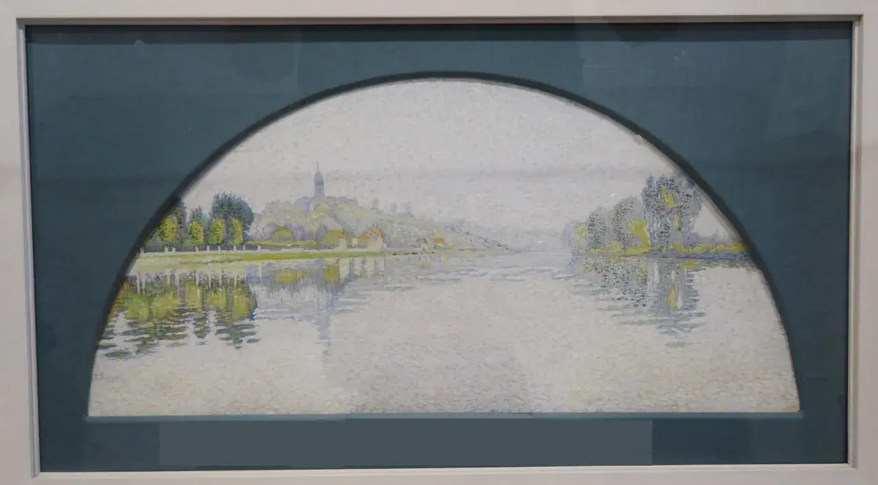 Paysage fluvial impressionniste, évoquant une "manzana Pissarro" par ses touches de lumière et ses reflets sur l'eau.