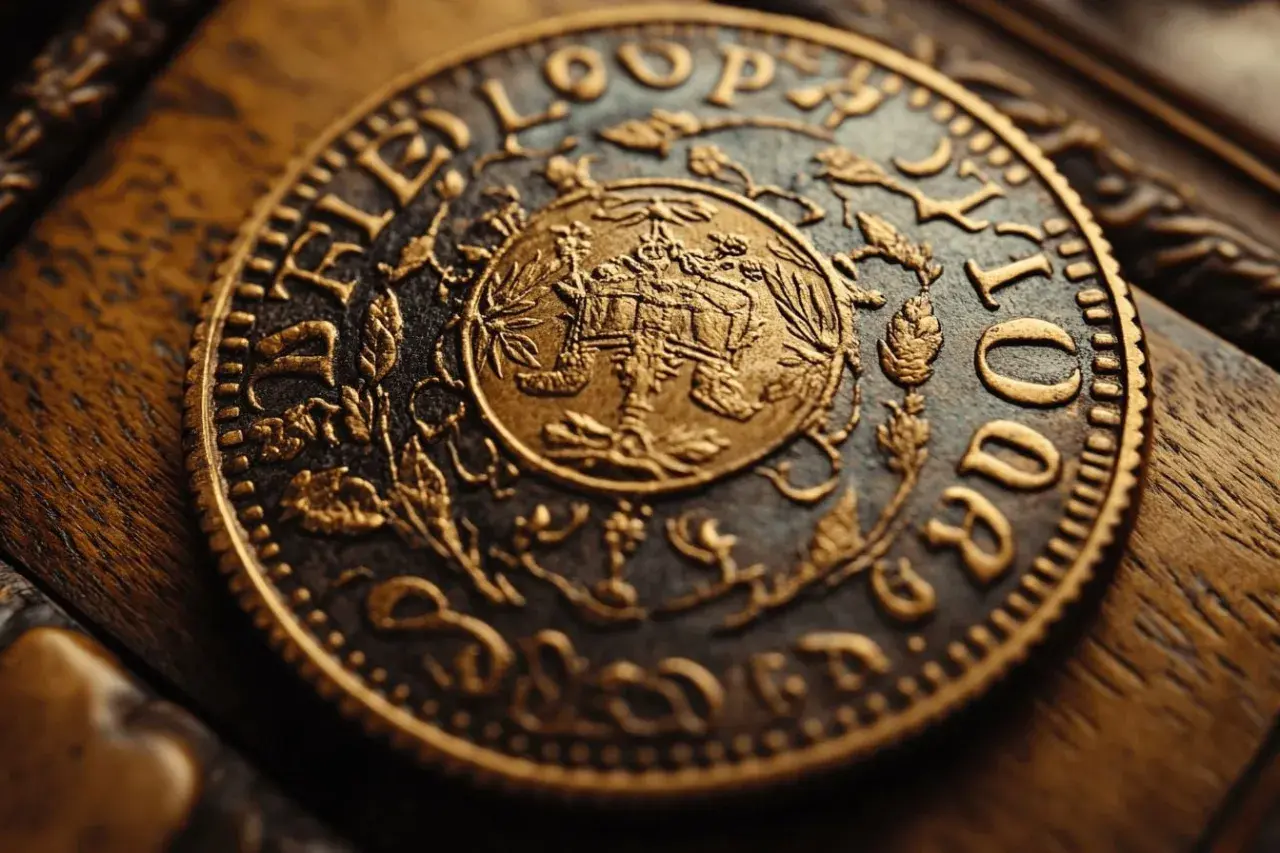 Gros plan sur une pièce d'or ancienne, gravée de motifs floraux et d'une scène centrale. La question "combien vaut un louis d'or" résonne.