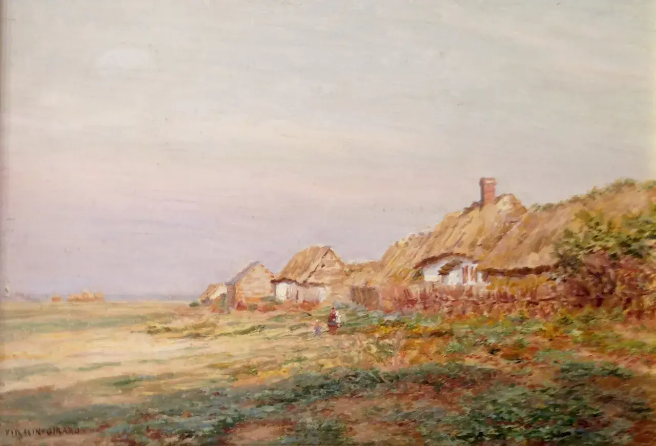 Paysage rural de Firmin Girard avec des chaumières au toit de chaume et des personnages.
