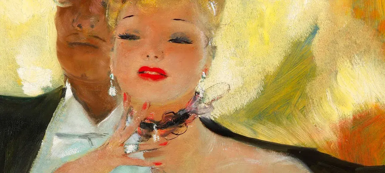 Un portrait sensuel par le peintre Domergue, une femme aux lèvres rouges et aux boucles d'oreilles scintillantes, caressée par une main masculine.