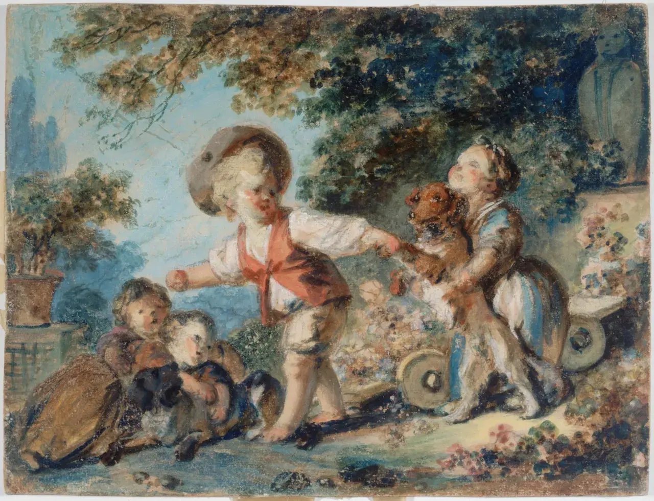 Enfants jouant avec un chien, une scène joyeuse typique des œuvres d'art de Jean-Honoré Fragonard.
