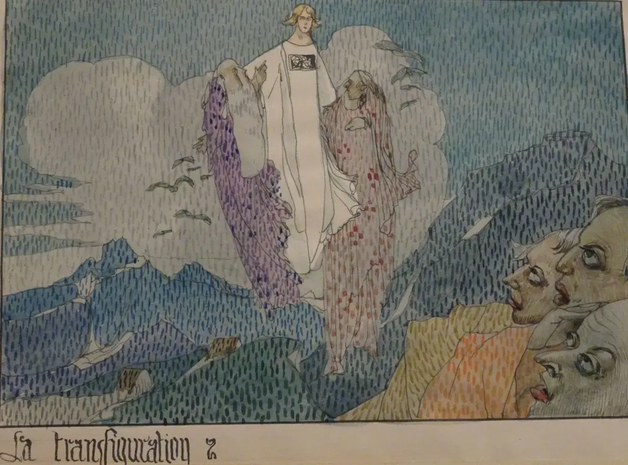 Gustave Adolphe Mossa dépeint une transfiguration céleste avec des figures éthérées flottant au-dessus de montagnes, tandis que des visages humains regardent d'en bas.