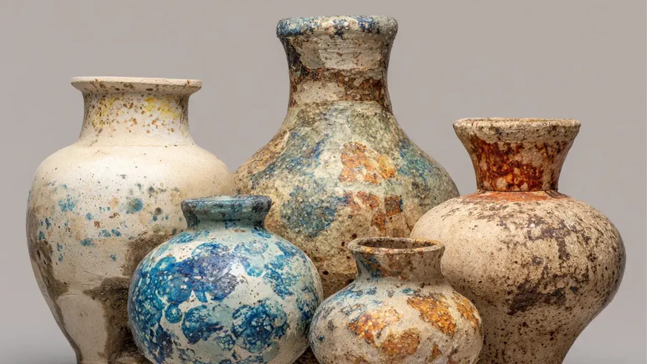 Cinq vases en céramique aux textures riches et aux couleurs terreuses, des pièces recherchées de Vallauris.