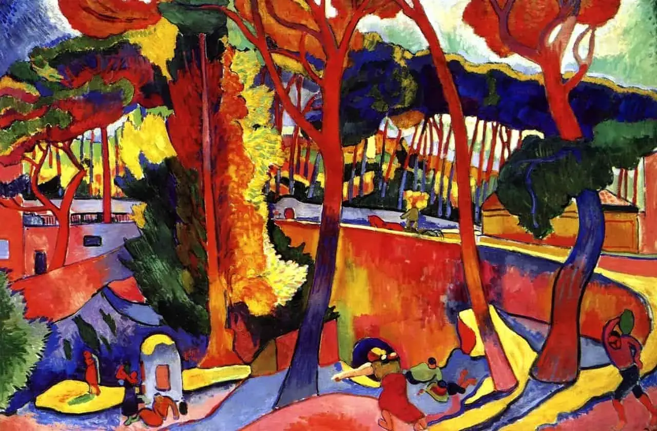 Paysage aux couleurs vives, un exemple de fauvisme déf. L'art exprime la nature avec des teintes audacieuses et non réalistes.