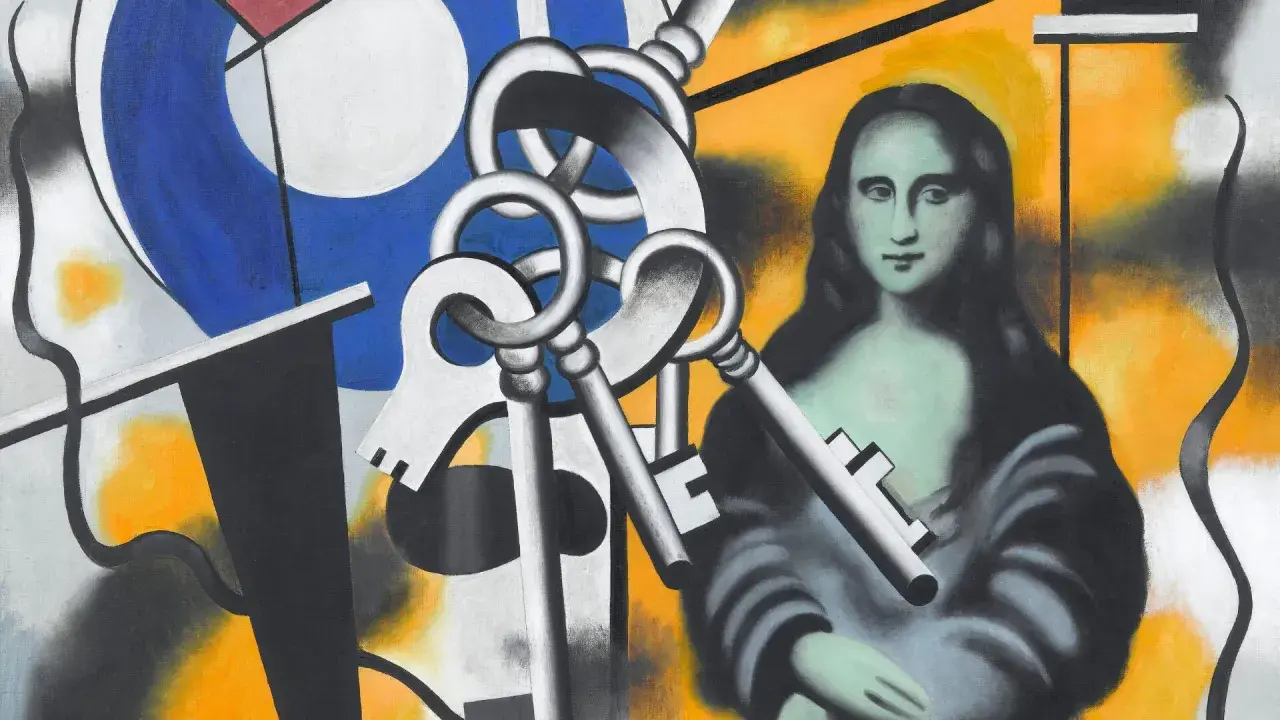 Œuvres d'art de Fernand Léger : une Mona Lisa stylisée, des clés argentées et des formes géométriques bleues et noires sur fond jaune.