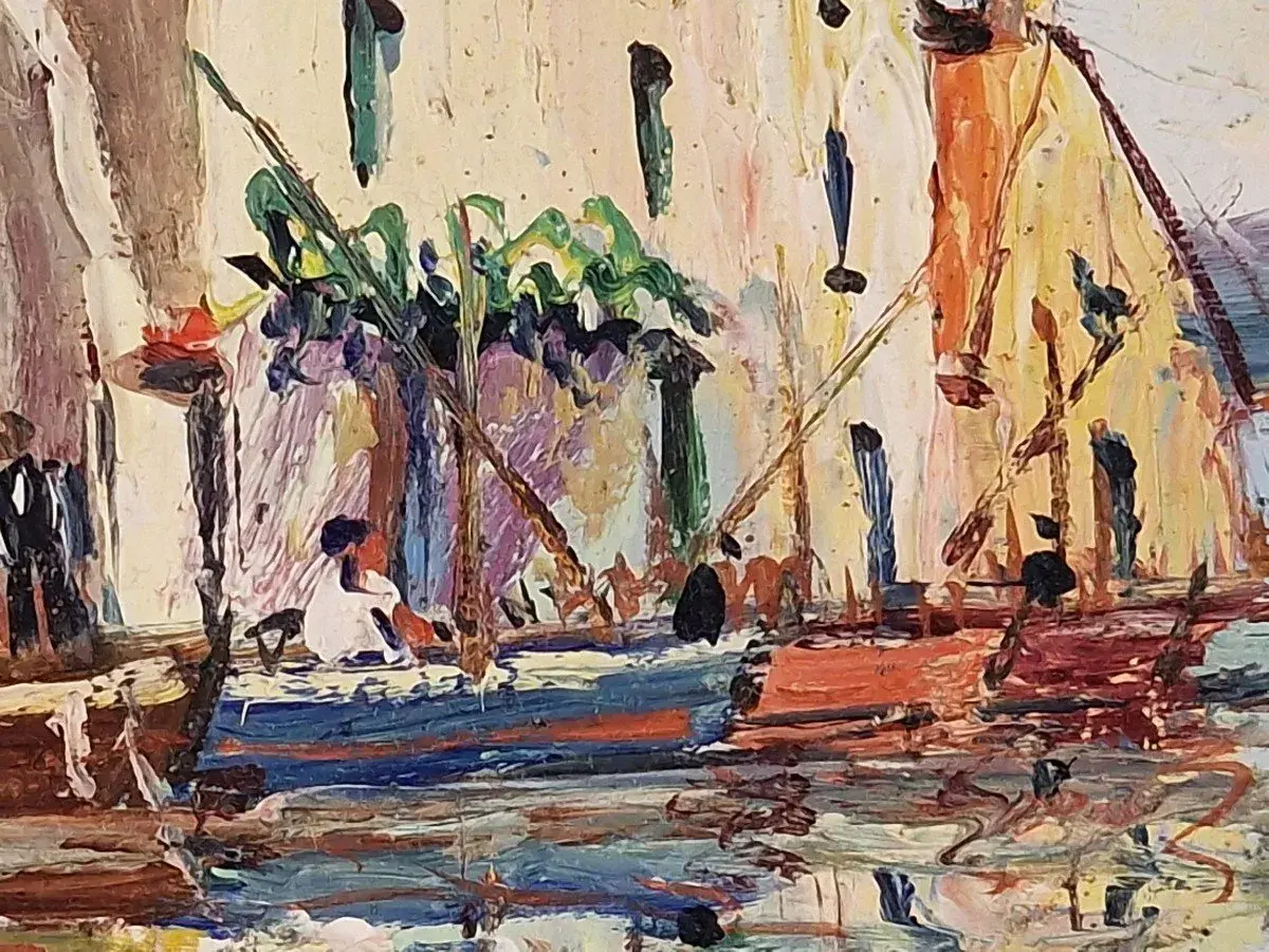 Peinture de Vincent Manago : un port animé avec des bateaux colorés et des silhouettes humaines.