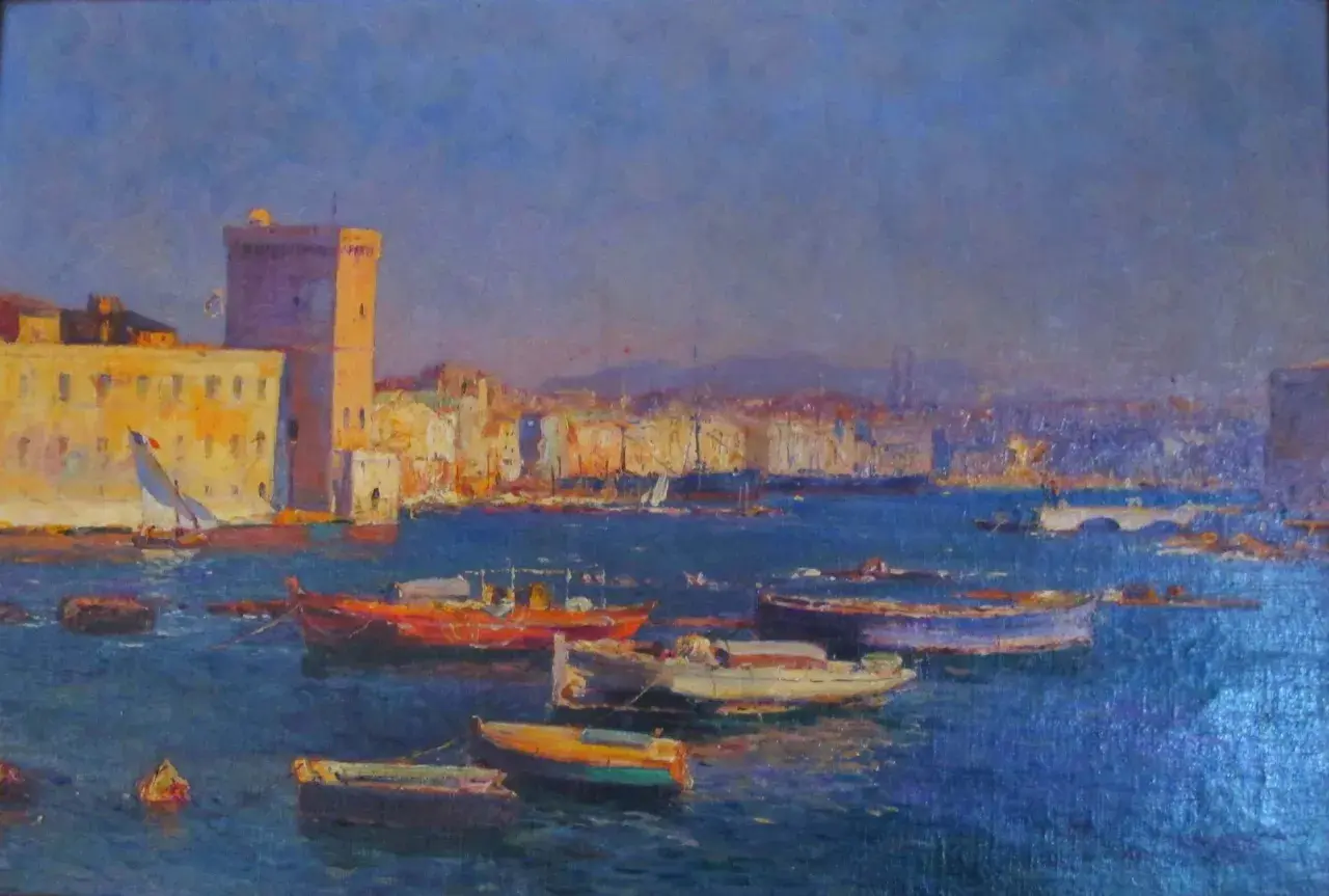 Peinture d'un port avec des bateaux et un fort au soleil.