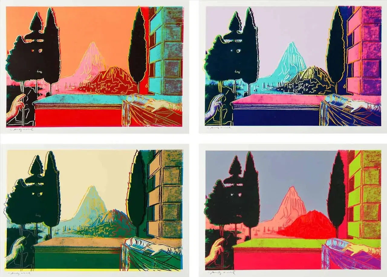 Quatre sérigraphies d'Andy Warhol, représentant un paysage stylisé avec des cyprès, des montagnes et une main tenant un drap, dans des palettes de couleurs vives et contrastées.